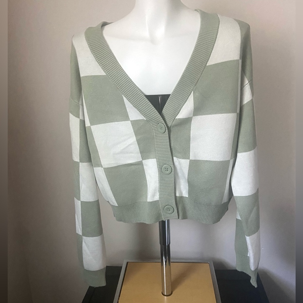 Garage Women’s Sage and White Checkered Cardigan Size XS